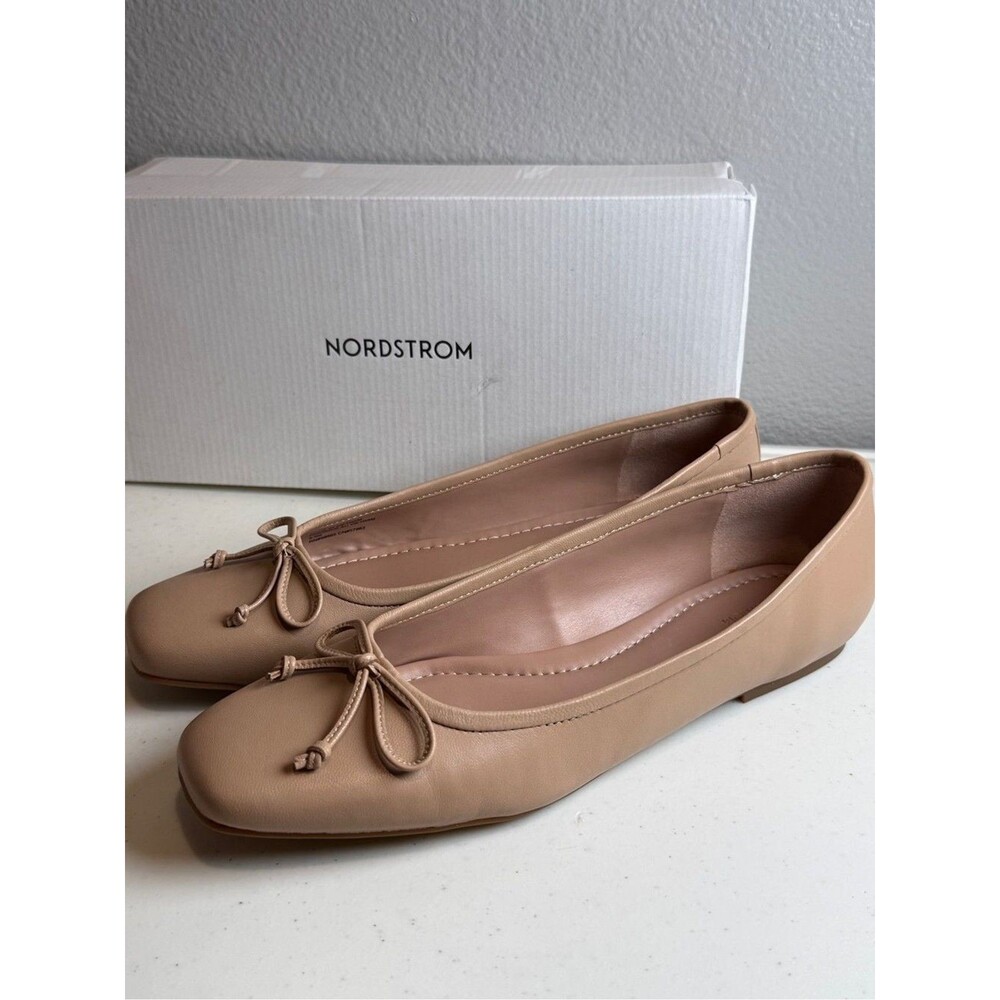New Nordstrom Ballet Flats Size 9.5 Women's Beige Bow Square-Toe Shoes